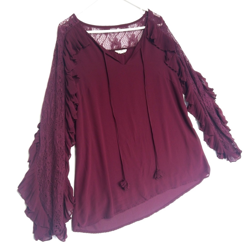 Entro Sheer Lace Panels Blouse Womens M Tassel Tie Neck Ruffle Sleeve Burgundy